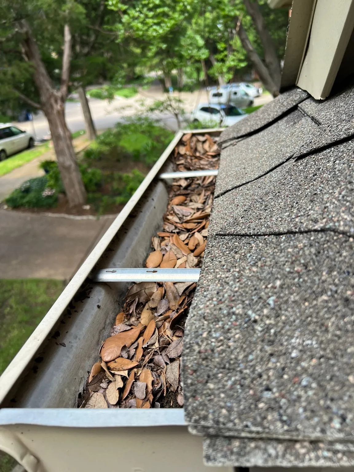 Residential gutter filled with leaves and debris before cleaning